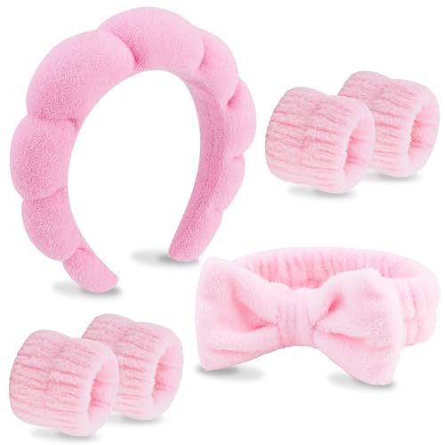 VELSCRUN 6 Pack Spa Headband, Makeup Headband, Face Wash Headband, Skincare Headbands, Pink Sponge Hair Band Bow Tie Spa Headband for Washing Face Wristband Set Hair Accessories for Women Girls Gifts