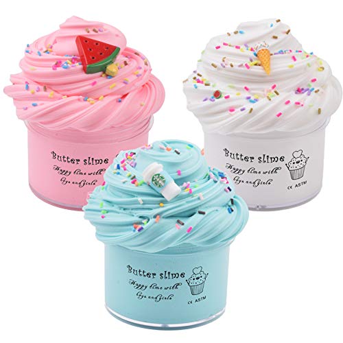 WUHUANIU Scented Slime Kit with 3 Pack Butter Slime,Pink Watermelon,White Ice Cream and Ocean Coffee for Girls and Boys,Super Soft and Non Sticky DIY Surprise Slime(3x100ml)