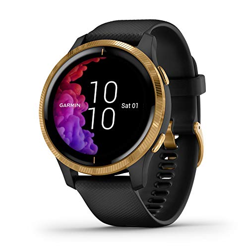 Garmin 010-02173-31 Venu, GPS Smartwatch, Bright Touchscreen Display, Features Music, Body Energy Monitoring, Animated Workouts, Pulse Ox Sensor and More, Gold with Black Band