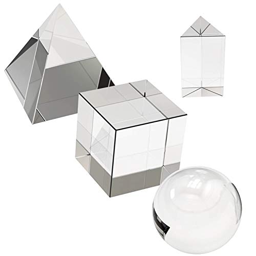 4 Pack K9 Optical Crystal Photography Prism Set, Include 55mm Crystal Ball, 50mm Crystal Cube, 50mm Triangular Prism, 60mm Optical Pyramid with Gift Box& Wipe Cloth for Teaching, Playing, Photography