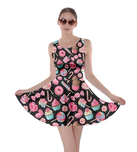 CowCow Womens Black Yummy Colorful Sweet Lollipop Candy Macaroon Cupcake Donut Seamless Skater Dress, Black - 3XL