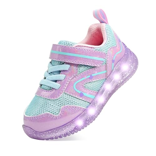 AMZZPIK Light Up Shoes for Girls Toddler LED Flashing Sneakers Breathable Walking Shoes for Kids Purple Size 9
