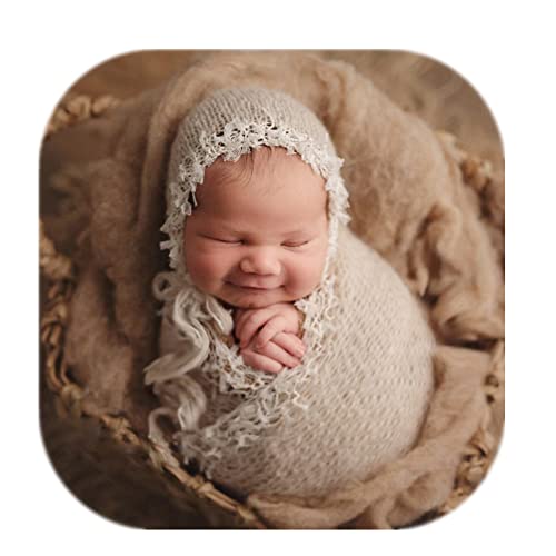 Newborn Infant Baby Boys Girls Photography Props Mohair Hat Wrap Blanket Cloth Set (Creamy-White)