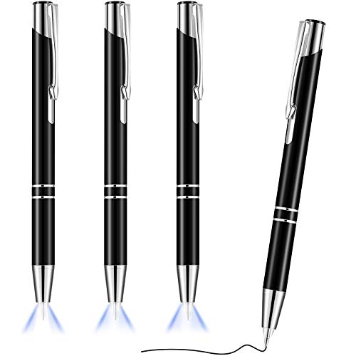 Zonon 4 Pieces Lighted Tip Pen Ballpoint Pen with Light Flashlight LED Light Pen LED Penlight Light Up Pen for Writing in the Dark (Black)