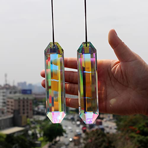 2PCS 5' Large Crystal Sun Catcher Prisms, STINO Hanging Suncatchers with Glass Prism, Rainbow Maker for Windows, Room, Garden Fantasy Aesthetic Home Decor (A# Color Stripe Sticks 2PCs)