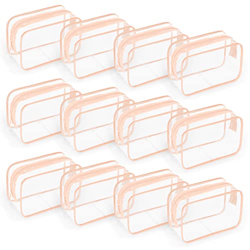 TISRATOK 12 PCS Clear Toiletry Bag for Women Men, Transparent Cosmetic Bag for Travel Makeup Organizer TSA Approved Pouch -Orange-pink, Small