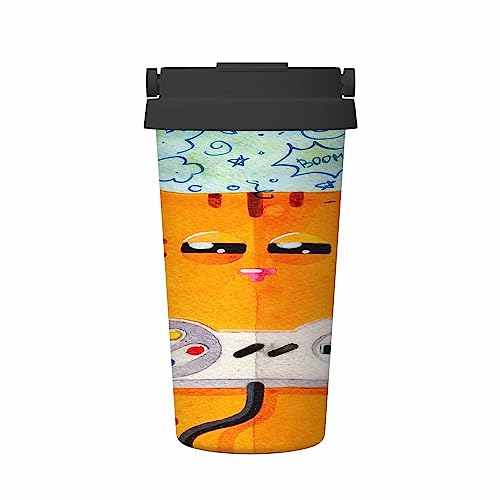 Nicokee 500ml Insulated Coffee Mug Cute Yellow Cat Playing Console Game Joystick Cartoon Sports Insulated Kettle/Water Bottle Keep it Hot or Cold with Sport/Travel/Work