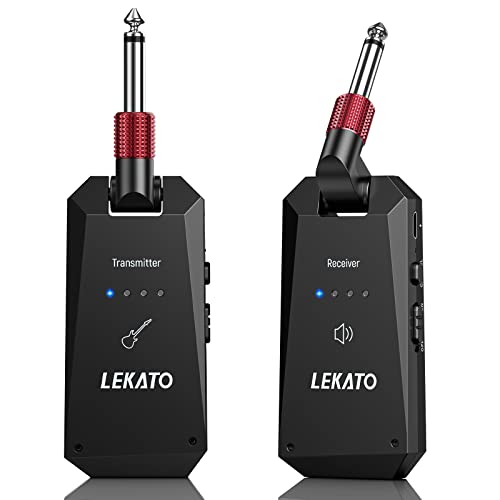 LEKATO Wireless Guitar System 5.8GHz, Rechargeable Wireless Guitar Transmitter Receiver 8H Working Time, 4 Channels Guitar Wireless System for Electric Guitar Bass, Black(WS-90)