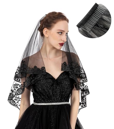 PAMOR Black Lace Veil Creative Mantilla Cathedral Tulle Sheer Wedding Halloween Veil for Bride With Comb