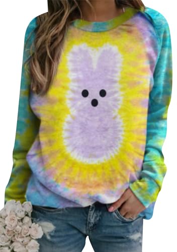 YMING Easter Day Loose Fit Sweatshirt for Womens Raglan Sleeve Bunnies Print Pullover Plus Size Rabbit Graphic Shirt Tops Tie Dye Purple L