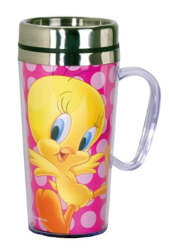 Spoontiques - Insulated Travel Mug - Tweety Bird Coffee Cup - Coffee Lovers Gift - Funny Coffee Mug - 14 oz – Pink