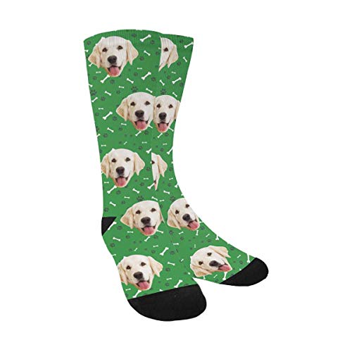 Custom Print Your Photo Funny Pet Face Socks, Personalized Cat and Dog Tracks Paws Bones Green Crew Socks with Pictures for Men Women