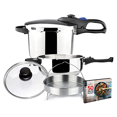 Magefesa Favorit Six Super-Fast pressure cooker, 3.2 + 6.3 Quart, stainless steel, suitable induction, heat diffuser bottom, 5 safety systems SPECIAL EDITION (Steam basquet + Lid + Recipe book)
