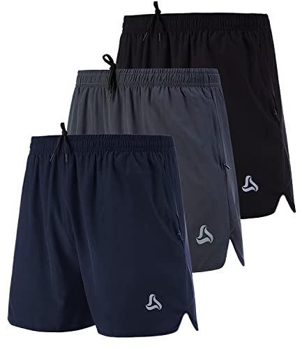 SILKWORLD Men's Running Stretch Quick Dry Shorts with Zipper Pockets(Pack of 3), Black, Deep Navy, Deep Grey-New, Large