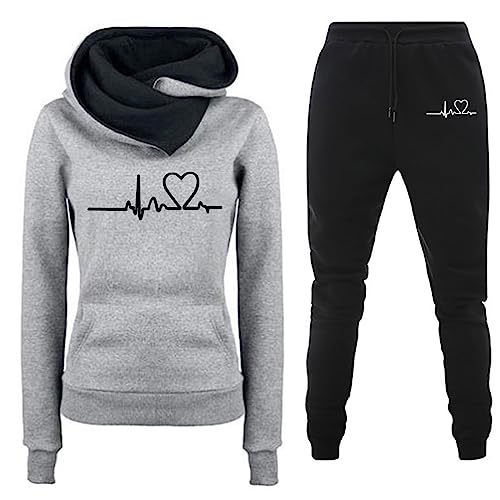 womens2 Piece Outfits Trendy Heart Print Long Sleeve Hoodie Tops Plus Size Casual Pant Sets Winter Sweatsuits sets for women clothing two piece plus size Gray L