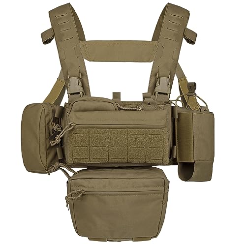 YAKEDA Tactical Chest Mini Rig Vest with Magazine Pouch Adjustable Detachable Laser-cutting Molle Modular Chest Vest (Tan)