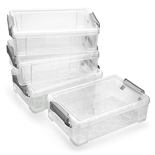 BTSKY 4 Pack Extra Large Capacity Plastic Pencil Box Stackable Translucent Clear Office Supplies Storage Organizer for Gel Pens Erasers Tape Pens Markers etc(Grey)