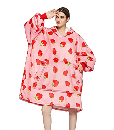 Winter Warm Oversized Hoodie Strawberry Sweatershirt with Kangaroo Pocket, Gift for Women, Pink Color with Strawberry Pattern