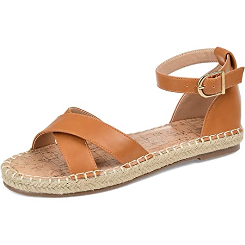 Journee Collection Womens Lyddia Sandal with Vegan Leather Criss Cross Strap and Espadrille Platform, Cognac, 9