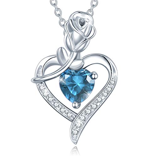 Agvana December Birthstone Jewelry Blue Topaz Necklace Mothers Day Gifts for Mom Sterling Silver Rose Flower Heart Pendant Necklace Fine Jewelry Anniversary Birthday Gifts for Women Girls Mom Wife Her