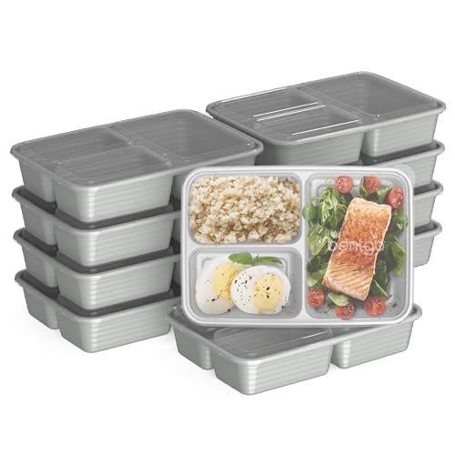 Bentgo 20-Piece Lightweight, Durable, Reusable BPA-Free 3-Compartment Containers - Microwave, Freezer, Dishwasher Safe - Silver