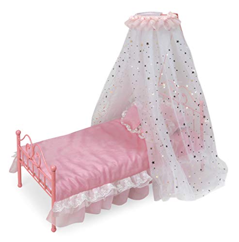 Badger Basket Starlights Toy Metal Doll Bed with Canopy, Lights, and Bedding for 18 inch Dolls - Pink