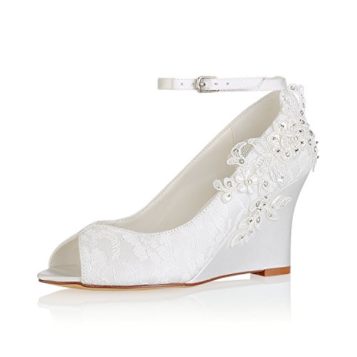 Emily Bridal 440-8-2 Women's Wedding Shoes Peep Toe 3.15 Inches Wedge Heel Satin Pumps with Imitation Pearl Ribbon Tie Sequin Lace Flower Bridal Shoes (EU38/7.5 B(M) US, Ivory)