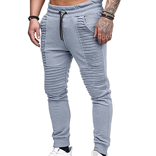 Men's Pants 2024 Fashion Men's Comfy Elastic Mid Waist Pleated Track Cuff Lace-up Workout Pants with Pocket (Grey, M) Mens Leather Pants A T