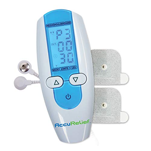 AccuRelief TENS Unit Muscle Stimulater Pain Relief System - Electric Muscle Stimulator with Electrodes for Neck, Back, and Full Body, White and Blue