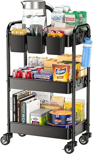 YASONIC 3 Tier Rolling Cart - Metal Utility Cart with 3 Hanging Cups & 4 Hooks, 66LBS Capacity, Mesh Rolling Storage Cart Organizer, Easy Assembly, Rolling Carts with Wheels for Kitchen Office