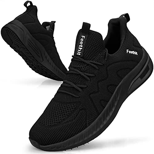 Feethit Mens Slip on Walking Shoes Fashion Lightweight Non Slip Running Sneakers Breathable Comfortable Sneakers for Gym Travel Work All Black 10.5