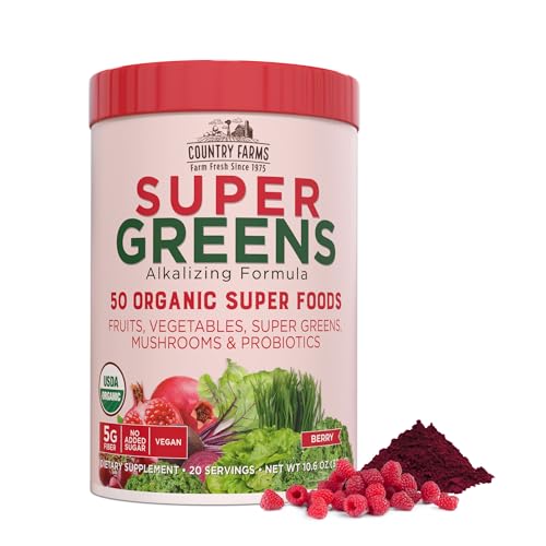 COUNTRY FARMS Super Greens Berry Flavor, 50 Organic Super Foods, USDA Organic Drink Mix, Fruits, Vegetables, Super Greens, Mushrooms & Probiotics, Supports Energy, 20 Servings