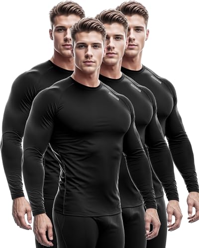 DRSKIN 4 Pack Men's Compression Shirts Top Long Sleeve Sports Baselayer Workout Running Athletic Gym (Round SBB01 4P, L)