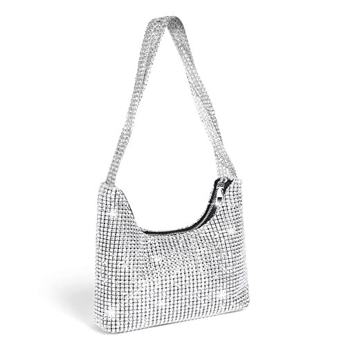 OSDUE Rhinestones Evening Bag, Full Rhinestone Bucket Bag, Glitter Evening Bag, Crystal Zipper Shoulder Bag for Wedding, Party, Club, Prom, Casual Date (Silver)