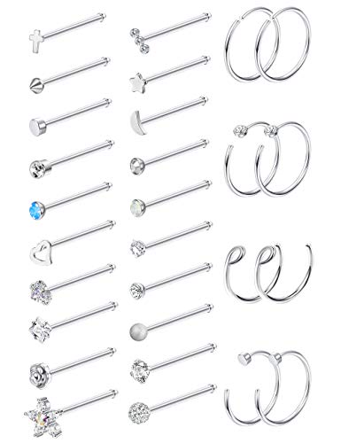 MILACOLATO 28Pcs 20G Nose Rings for Women | 316L Surgical Stainless Steel Nose Rings Hoops | Hypoallergenic Straight Shaped Nose Rings Studs | Nose Piercing Jewelry for Women Men