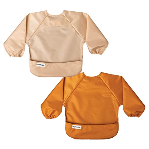 Tiny Twinkle Mess Proof Baby Bib, 2 Pack Long Sleeve Bib Outfit, Waterproof Bibs for Toddlers, Machine Washable, Tug Proof (Sand Cinnamon, Large 2-4 Years)