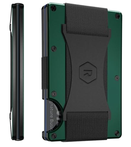 The Ridge Wallet For Men, Slim Wallet For Men - Thin as a Rail, Minimalist Aesthetics, Holds up to 12 Cards, RFID Safe, Blocks Chip Readers, Aluminum Wallet With Cash Strap (Forest Green)