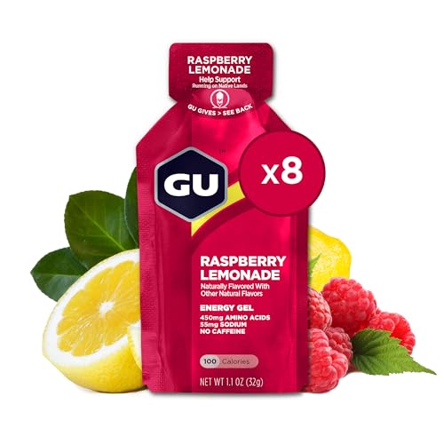 GU Energy Original Sports Nutrition Energy Gel, 8-Count, Vegan, Gluten-Free, Kosher, and Dairy-Free On-The-Go Energy for Any Workout, Raspberry Lemonade