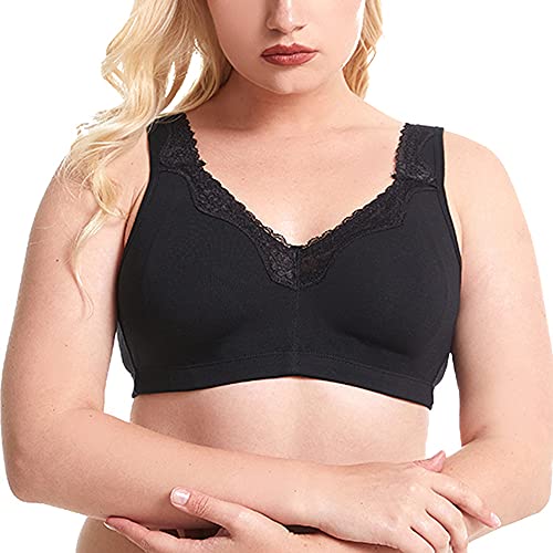 TELIMUSSTO Women's Plus Size Soft Cotton Lace Bra Full Coverage Wirefree Non-Padded 46-C Black