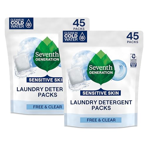Seventh Generation Laundry Detergent Packs, Free & Clear, Made for Sensitive Skin, EPA Safer Choice Certified, 90 Loads (2 pouches, 45 Ct EA)