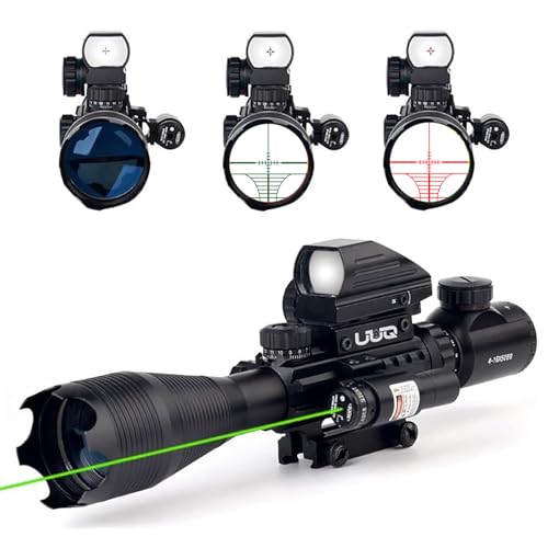UUQ 4-16x50 Tactical Rifle Scope Red/Green Illuminated Range Finder Reticle W/Laser Sight and Holographic Reflex Dot Sight (Green Laser)