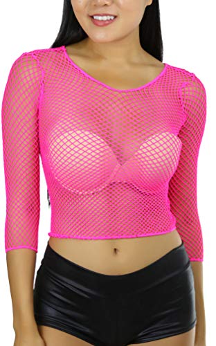 ToBeInStyle Women's Flirty Fishnet Long Sleeve Top - Neon Pink - OS