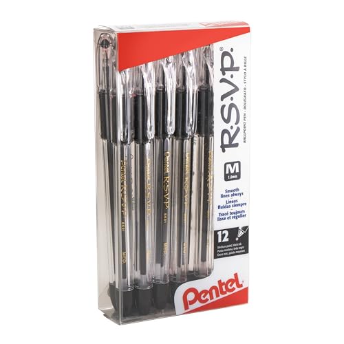 Pentel(R R.S.V.P.(R) Ballpoint Pens, 1.0 mm, Medium Point, Clear Barrel, Black Ink, Pack Of 12, BK91-A