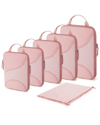 BAGSMART Compression Packing Cubes for Travel, 6 Set Travel Packing Cubes for Suitcases, Compression Suitcases Organizers Bag Set for Travel Essentials, Lightweight Packing Organizers Baby Pink