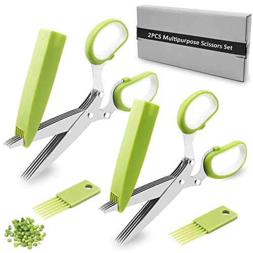 2 Pack Herb Scissors, Herb Scissors with 5 Blades and Cover, Multi Blade Kitchen Scissors for Cutting, Shredding and Cooking Cilantro Onion Salad Garden Herbs, Dishwasher Safety (Green)