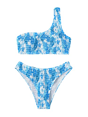 SHENHE Women's 2 Piece Bikini Swimsuit Floral Print One Shoulder Smocked Bikini Set Swimwear Blue M