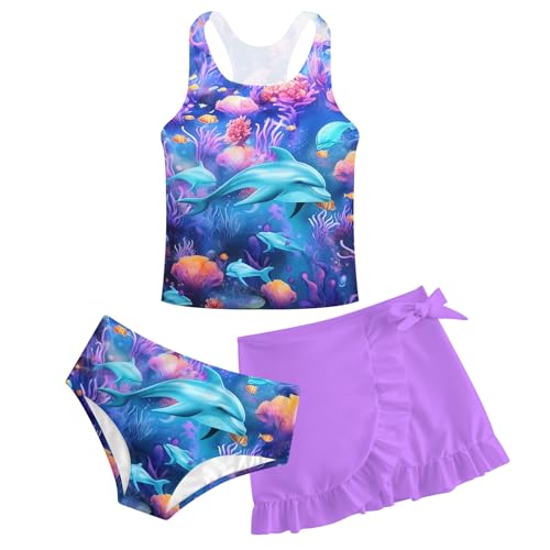 Girls Swim Tankini Set 3 Piece Swimsuits for Kids 9-10 Years Old Little Girls Coral Dolphin Bathing Suits for Beach Pool