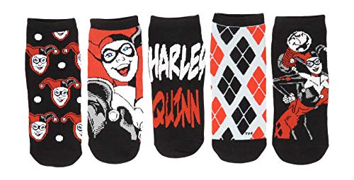 DC Comics Harley Quinn Faces Logos Juniors/Womens 5 Pack Ankle Socks Shoe Size 4-10