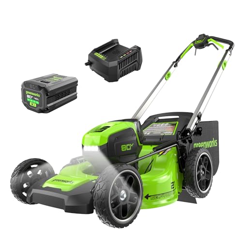 Greenworks 80V 21' Brushless Cordless (Self-Propelled) Lawn Mower (LED Headlight + Aluminum Handles), 4.0Ah Battery and Rapid Charger Included (75+ Compatible Tools)