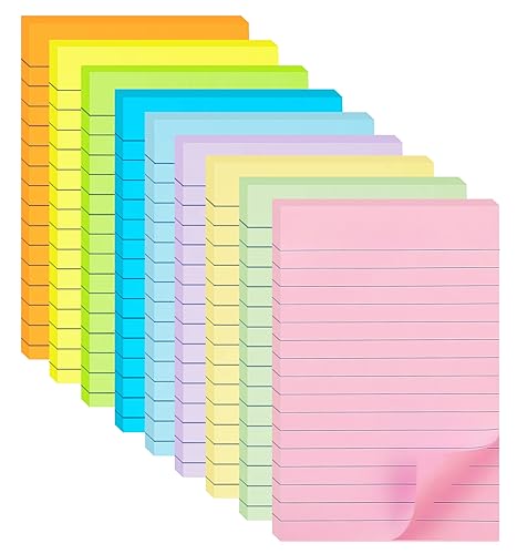 (9 Pack) Lined Sticky Notes 4X6 in Post, 9 Pastel Colors Large Ruled Post Stickies Colorful Super Sticking Power Memo Pads Strong Adhesive, Sticky Notes with Lines for Office, School, 35 Sheets/pad